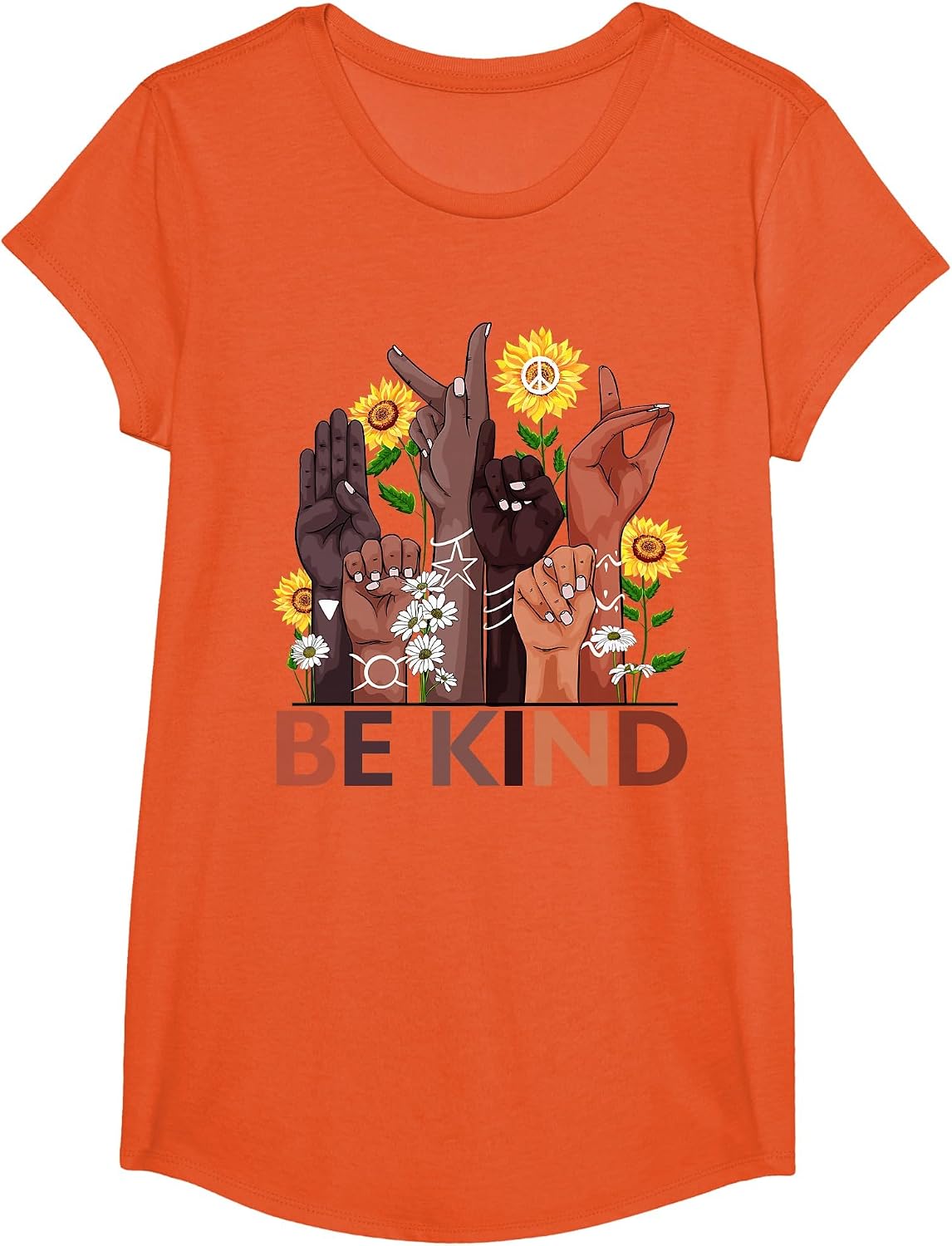 Be Kind Hand Sign Language Teachers Melanin Interpreter ASL T-Shirt - Girls Orange