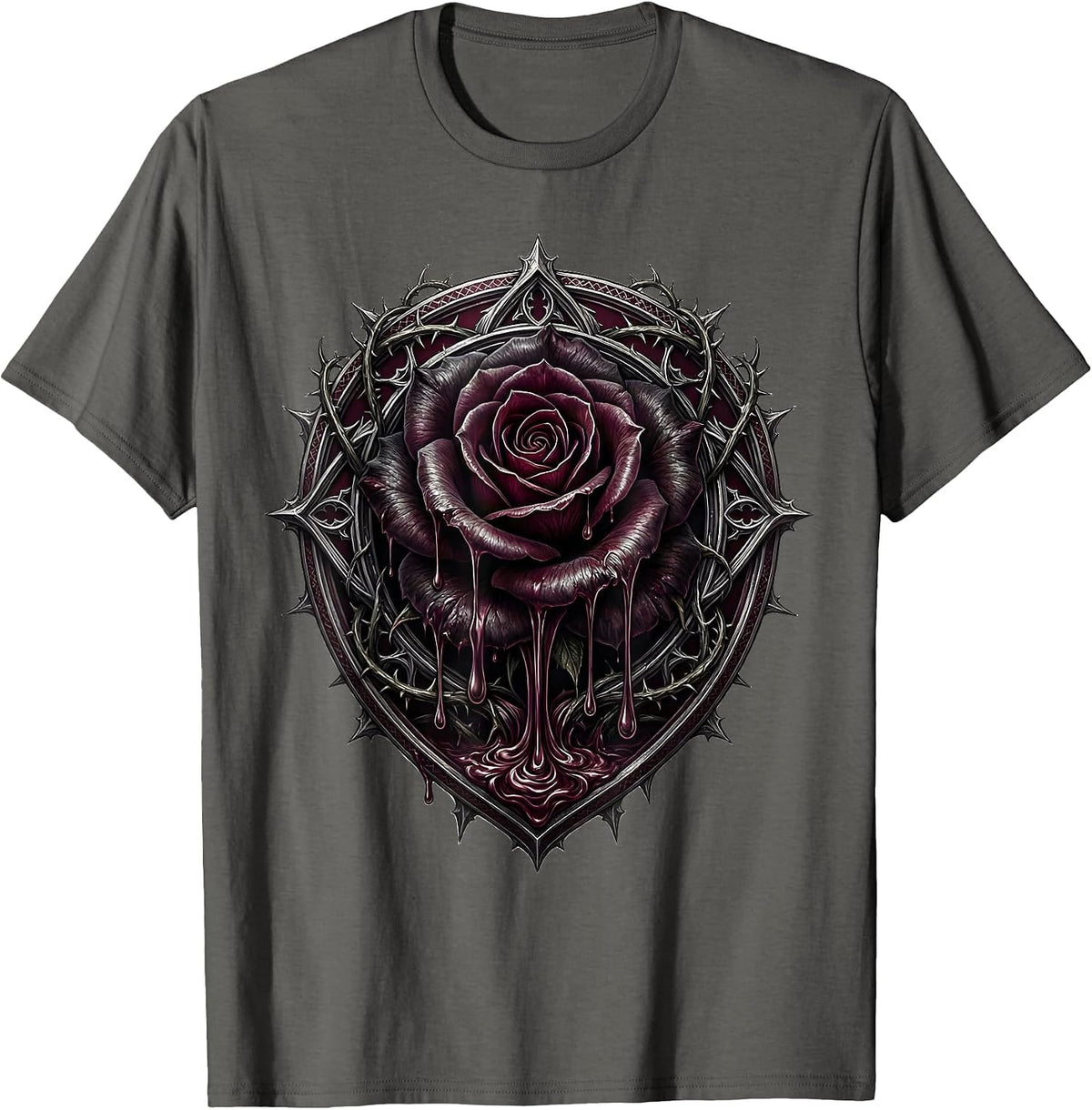 Men's Black Rose Dripping Teardrops Emo Gothic Design T-Shirt - Asphalt Grey