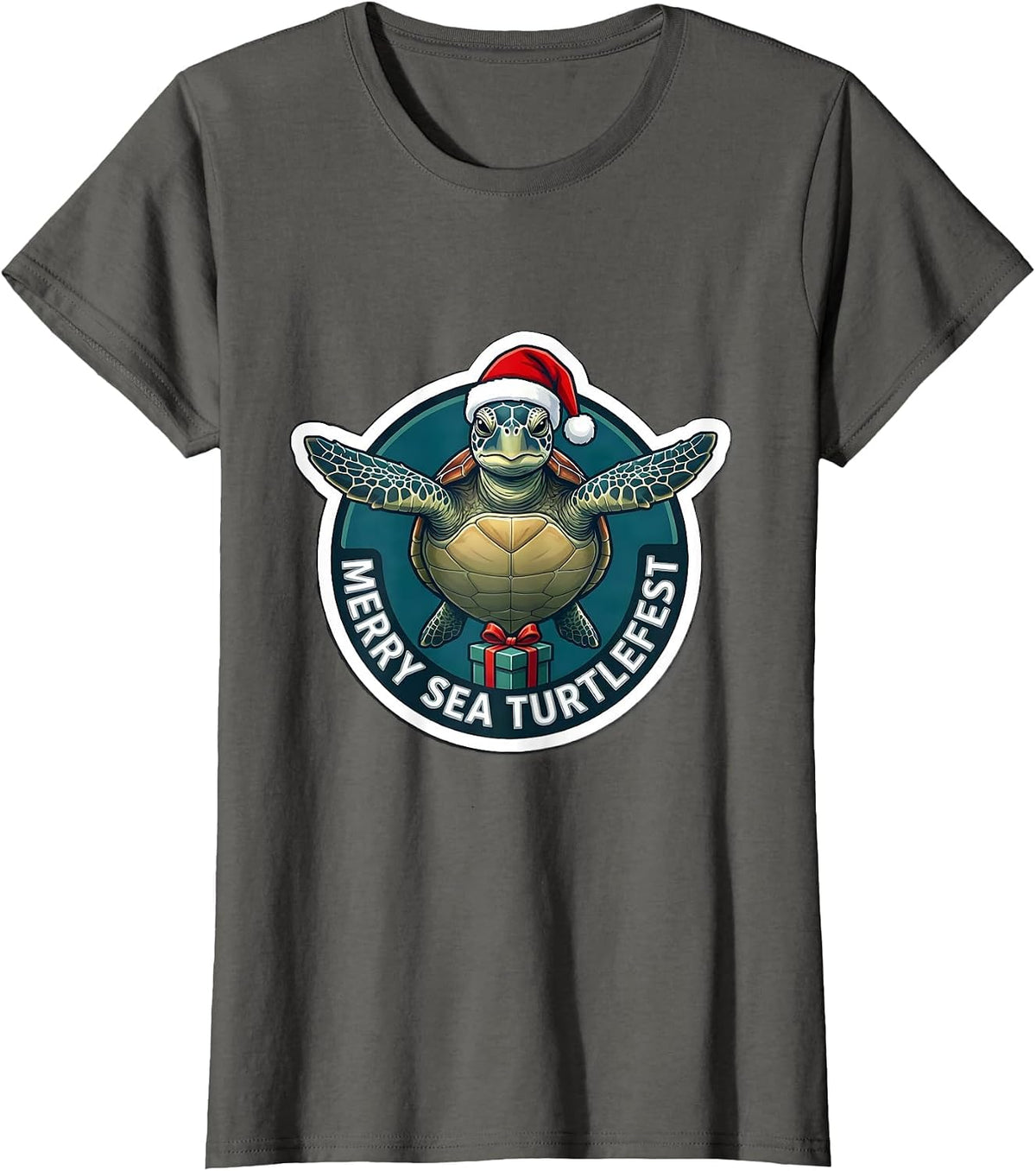 Women's Merry Sea Turtlefest Cute Sea Turtle Christmas Santa Hat T-Shirt - Asphalt Grey