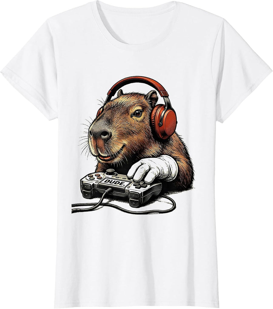 Women's Dude Retro Cartoon Capybara Gamer Meme Humor Video Games T-Shirt - White