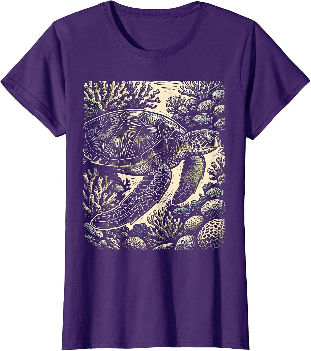 Women's Sea Turtle Coral Reef Ocean Illustration T-Shirt - Purple