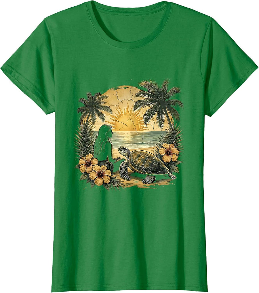 Women's Girl On Beach With Sea Turtle Hawaiian Design T-Shirt - Kelly Green