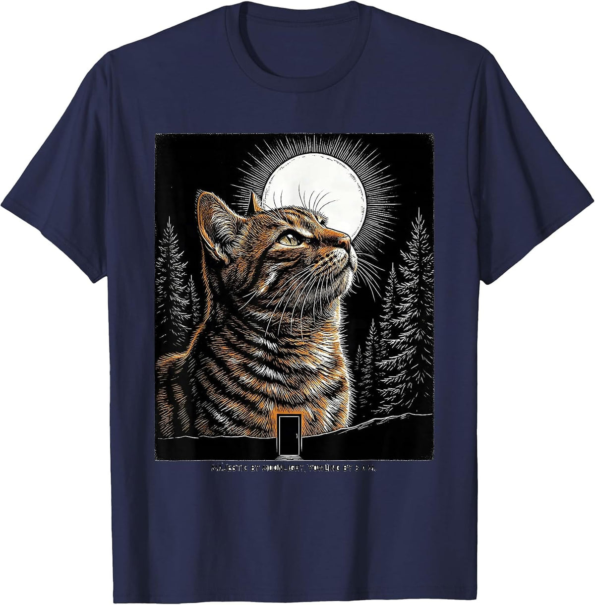 Majestic By Moonlight, Yowling By 3 A.M. Orange Tabby Cat T-Shirt - Navy Blue