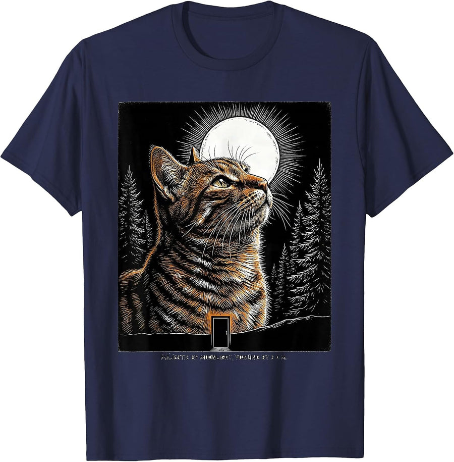 Majestic By Moonlight, Yowling By 3 A.M. Orange Tabby Cat T-Shirt - Navy Blue