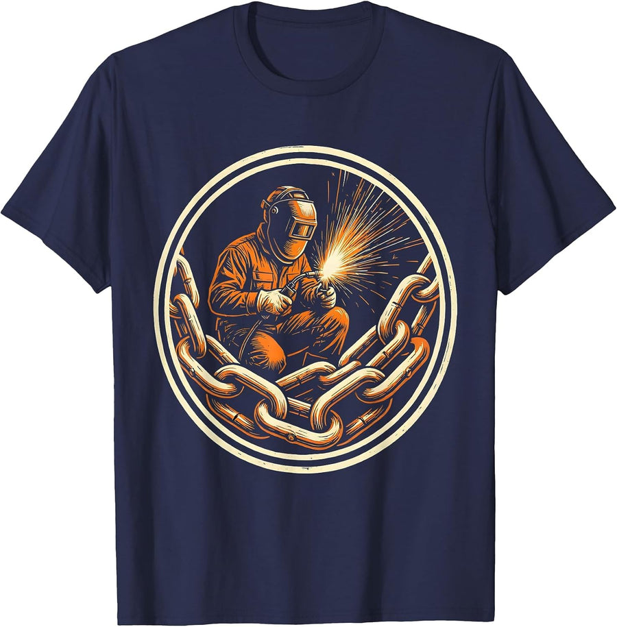 Welder and Giant Anchor Chain Graphic T-Shirt - Navy Blue