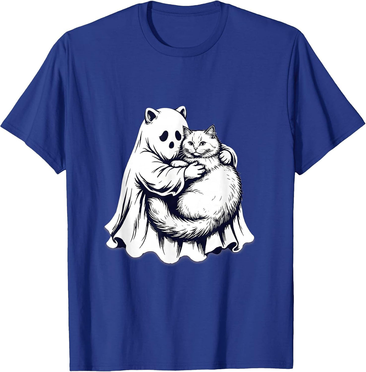 Men's Cute Ghost Hugging Fluffy Tabby Cat Illustration T-Shirt - Royal Blue