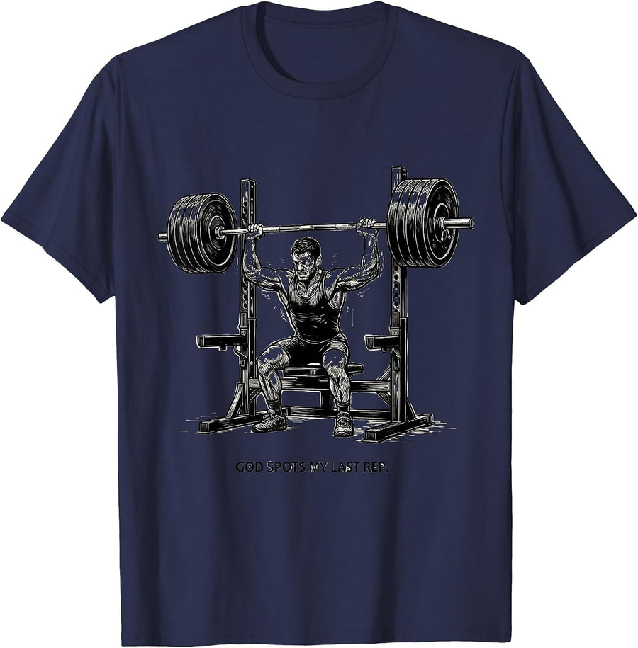 God Spots My Last Rep Funny Christian Gym Weightlifter Humor T-Shirt - Navy Blue