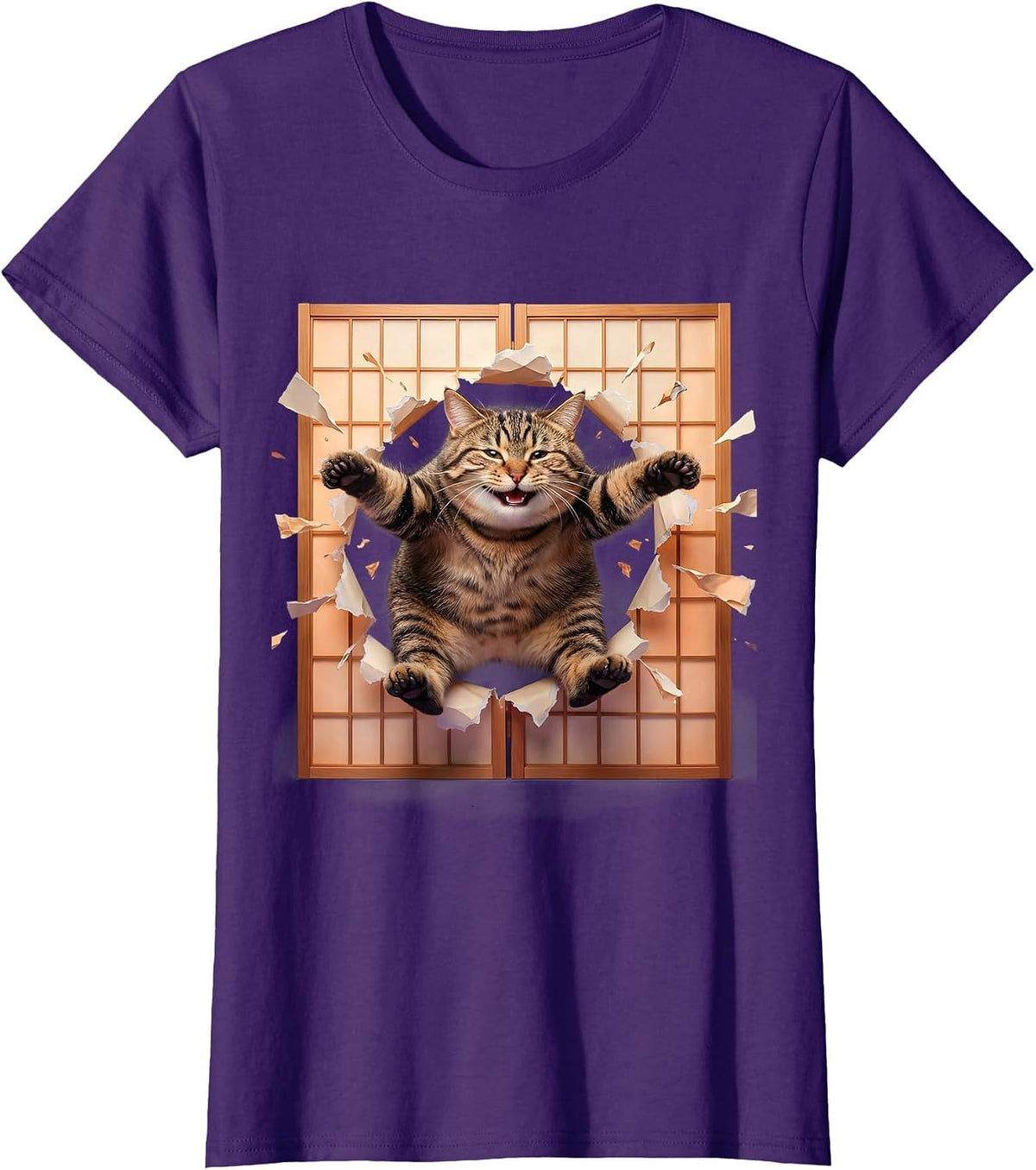 Women's Tabby Cat Leaping Through Shoji Screen T-Shirt - Purple