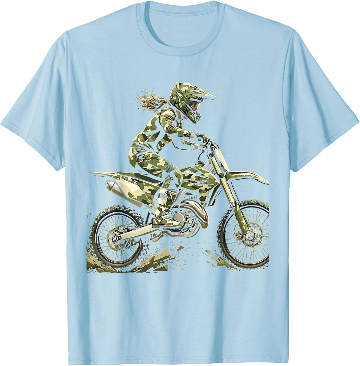 Girls Camo Dirt Bike Rider Graphic Tee T-Shirt - Baby Blue