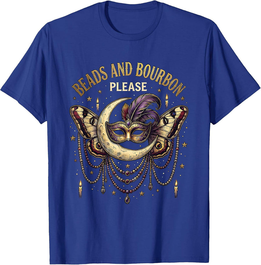 Beads and Bourbon Please Mardi Gras Design T-Shirt - Royal Blue