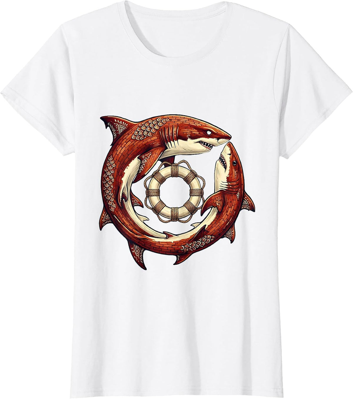 Women's Shark Circling Life Preserver Sailor Graphic T-Shirt - White