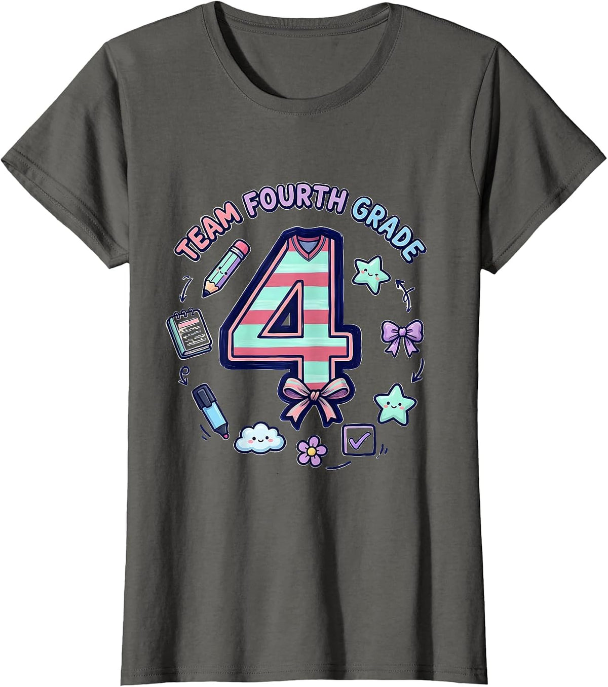Women's Team Fourth Grade Kawaii Doodle Coquette Bow Back To School T-Shirt - Asphalt Grey