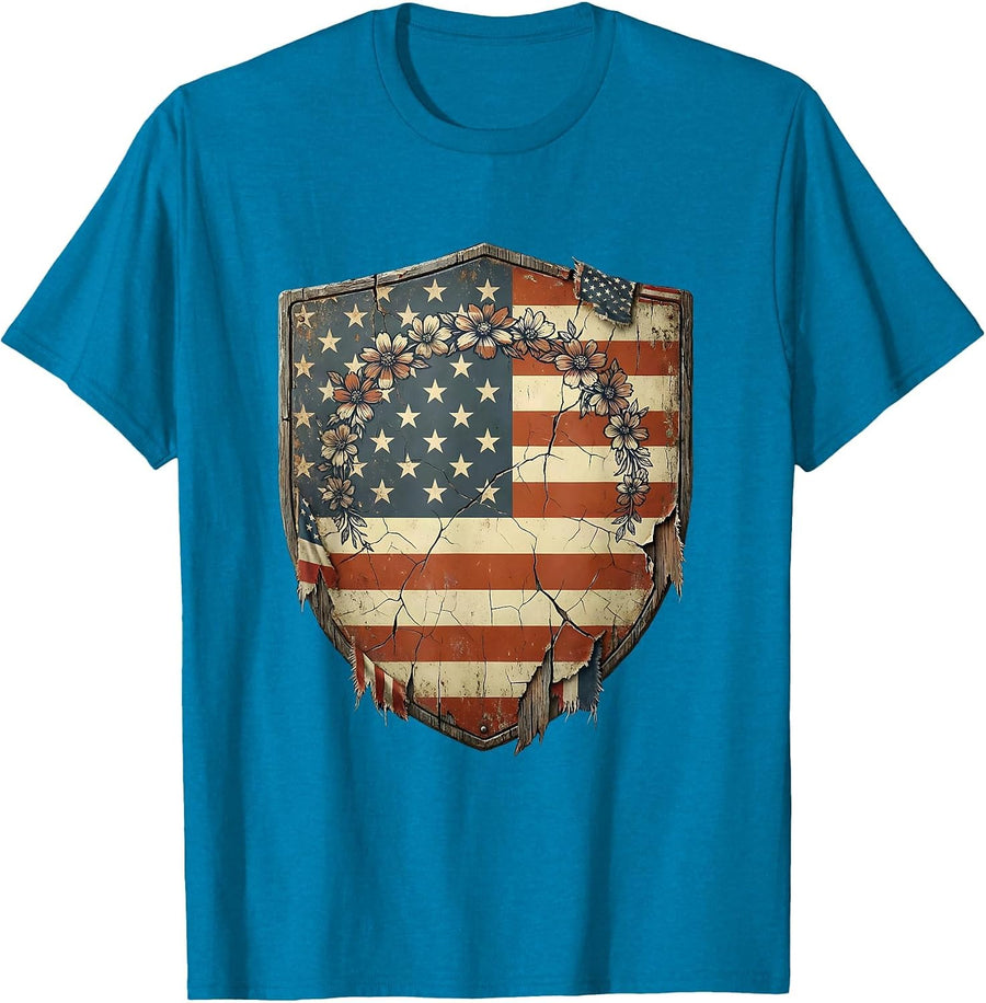 Red White and Blue Flower Crown Girl Design T-Shirt - Sapphire Blue