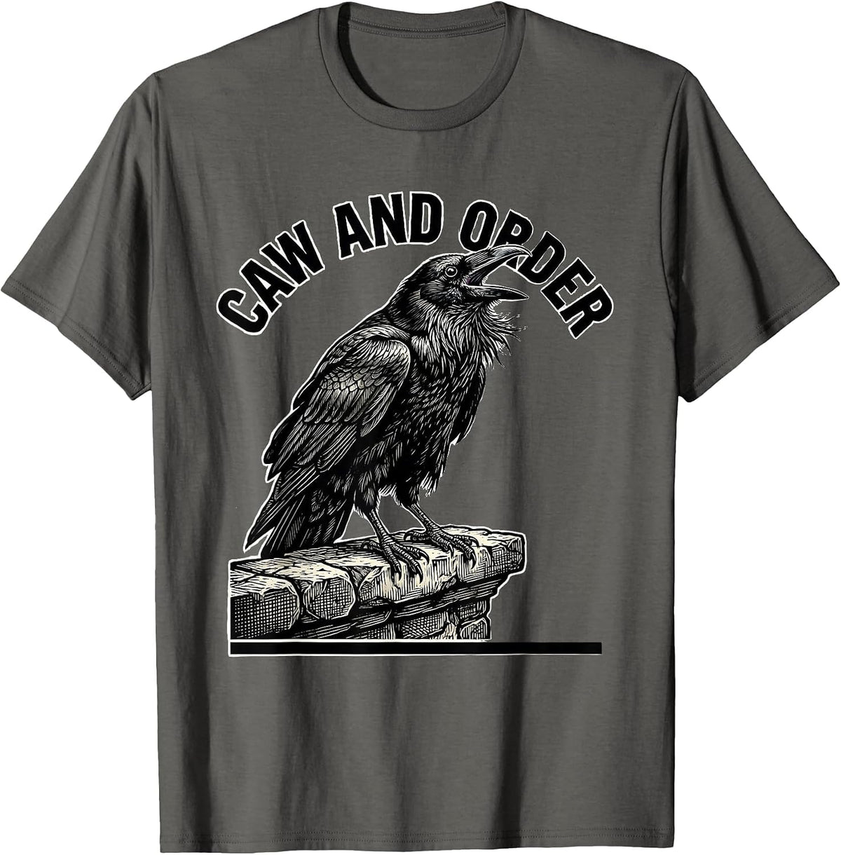 Men's Caw And Order Vintage Retro Gothic Crow Raven Dark Humor T-Shirt - Asphalt Grey