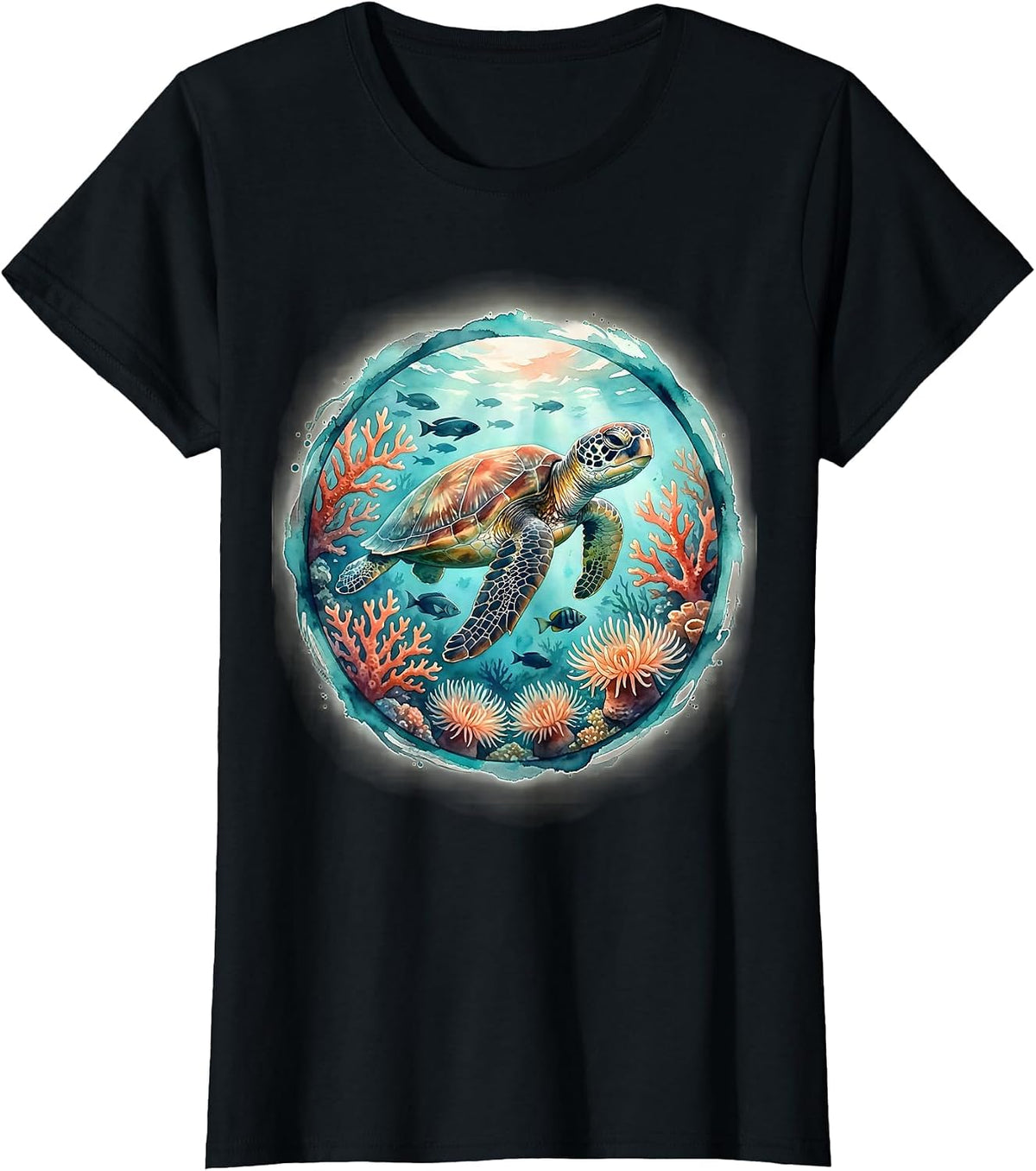 Women's Costa Rica Sea Turtle Coral Reef Illustration T-Shirt - Black