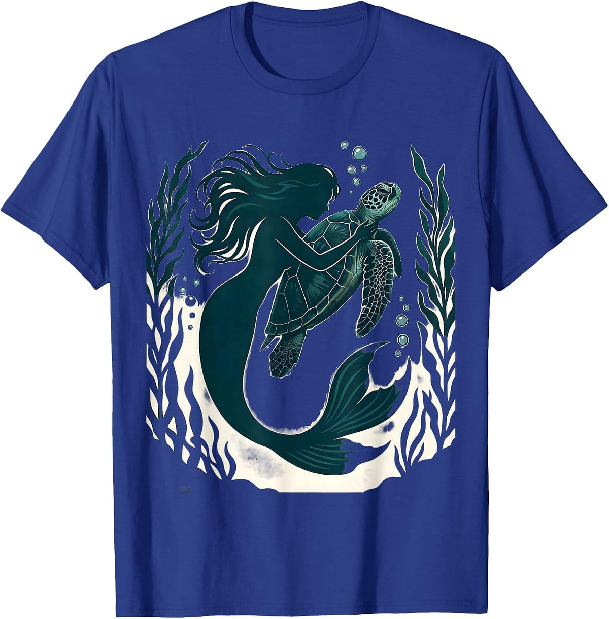 Men's Mermaid and Sea Turtle Underwater Embrace T-Shirt - Royal Blue