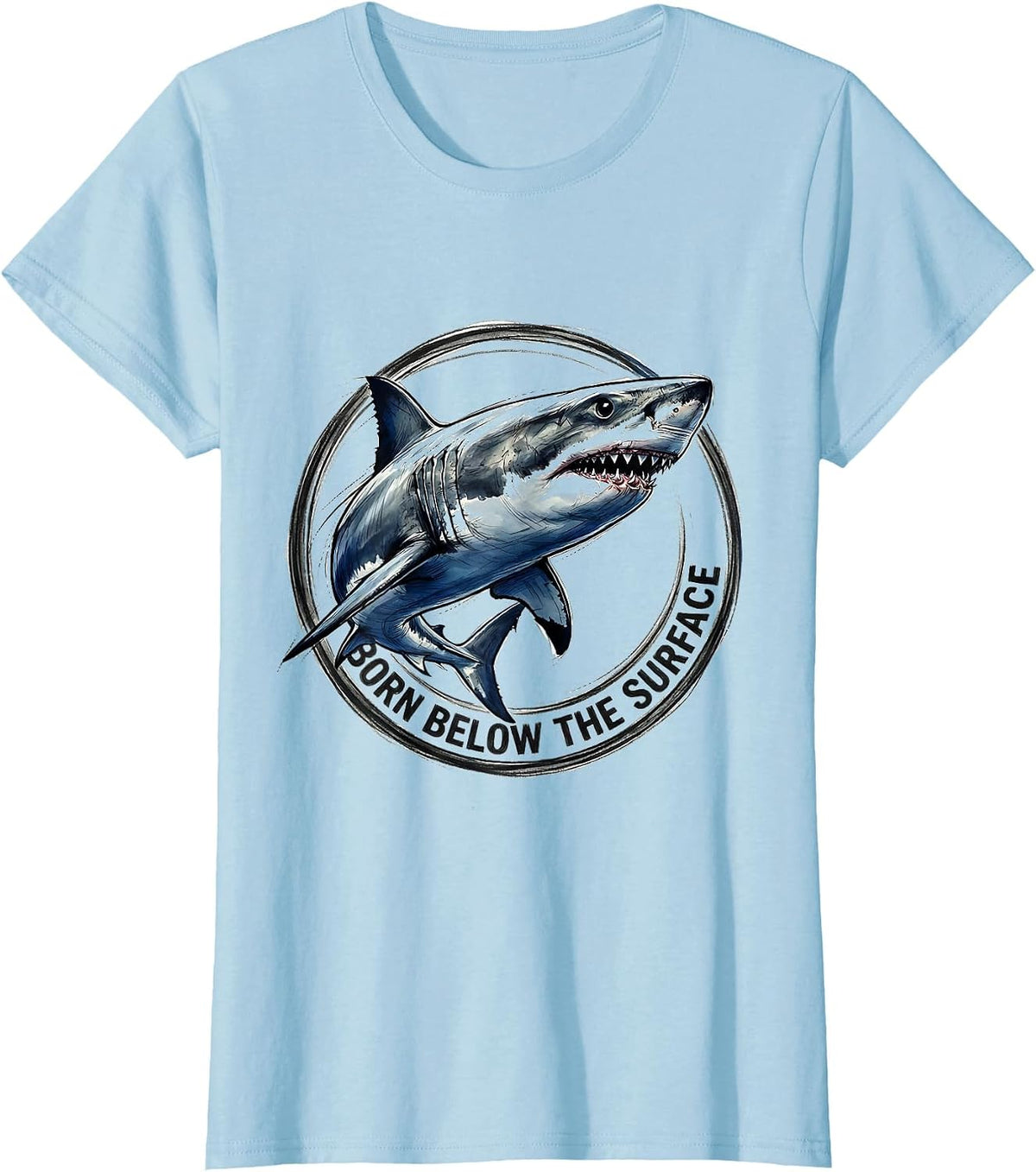 Women's Born Below the Surface Shark Design T-Shirt - Baby Blue