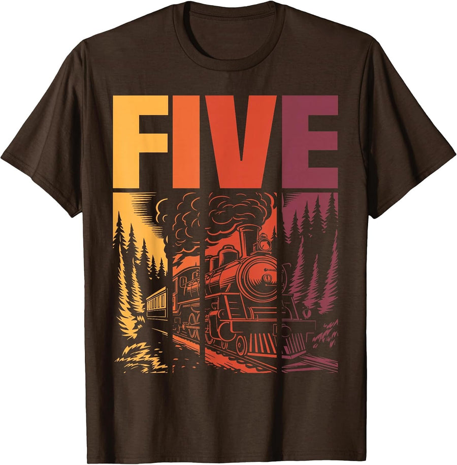 Vintage Train 5th Birthday Five Year Old Boys Locomotive T-Shirt - Brown
