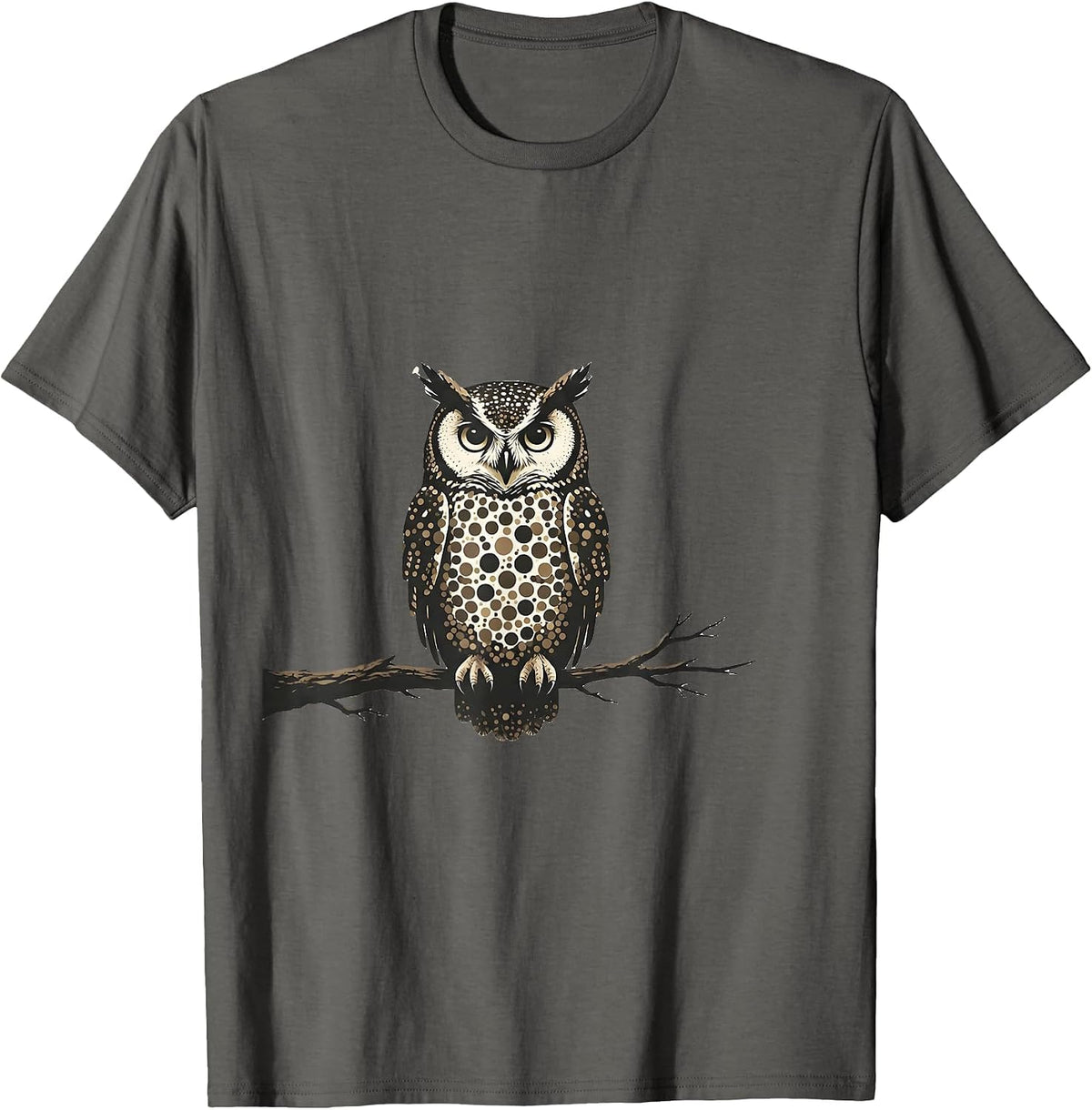 Polka Dot Spotted Owl Perched on Branch T-Shirt - Asphalt Grey
