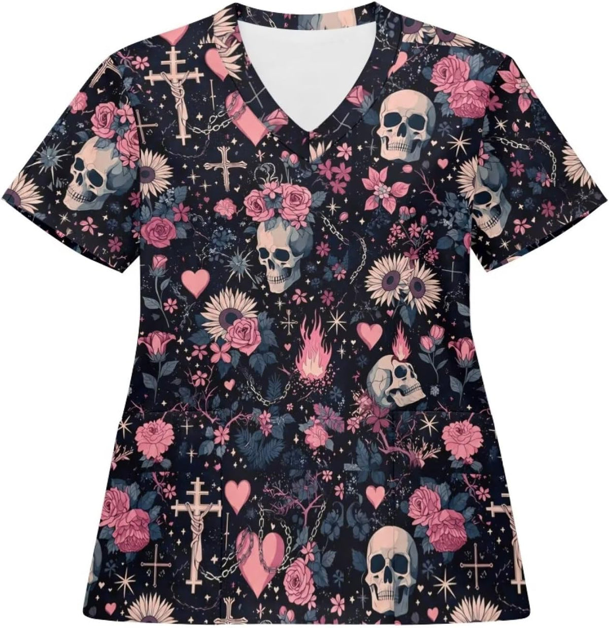 Uourmeti Scrub Tops for Women Soft 4-Way Stretch V-Neck Medical Scrubs - Tattoo Floral Skull