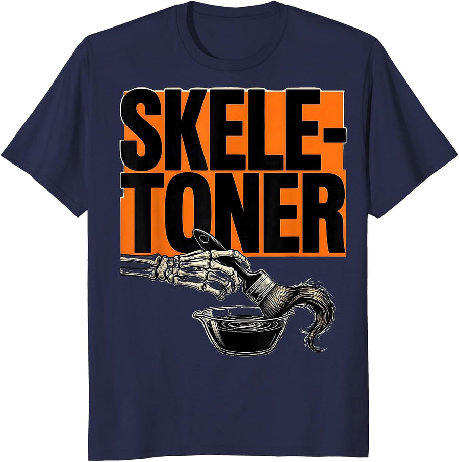 Skele-Toner Funny Skeleton Hairstylist Barber Halloween T-Shirt - Navy Blue