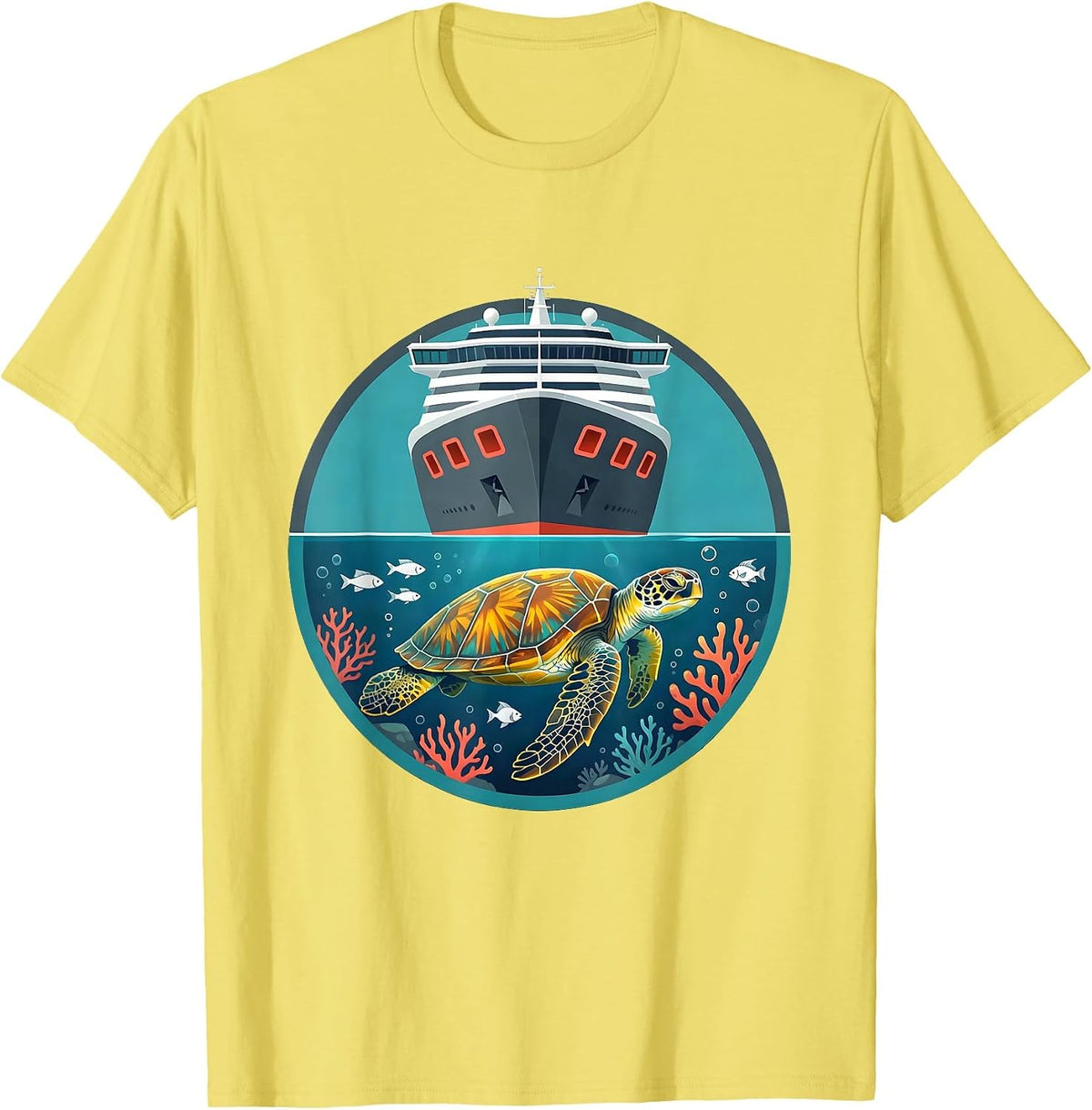 Men's Family Cruise Sea Turtle Under Ship Hull T-Shirt - Lemon Yellow