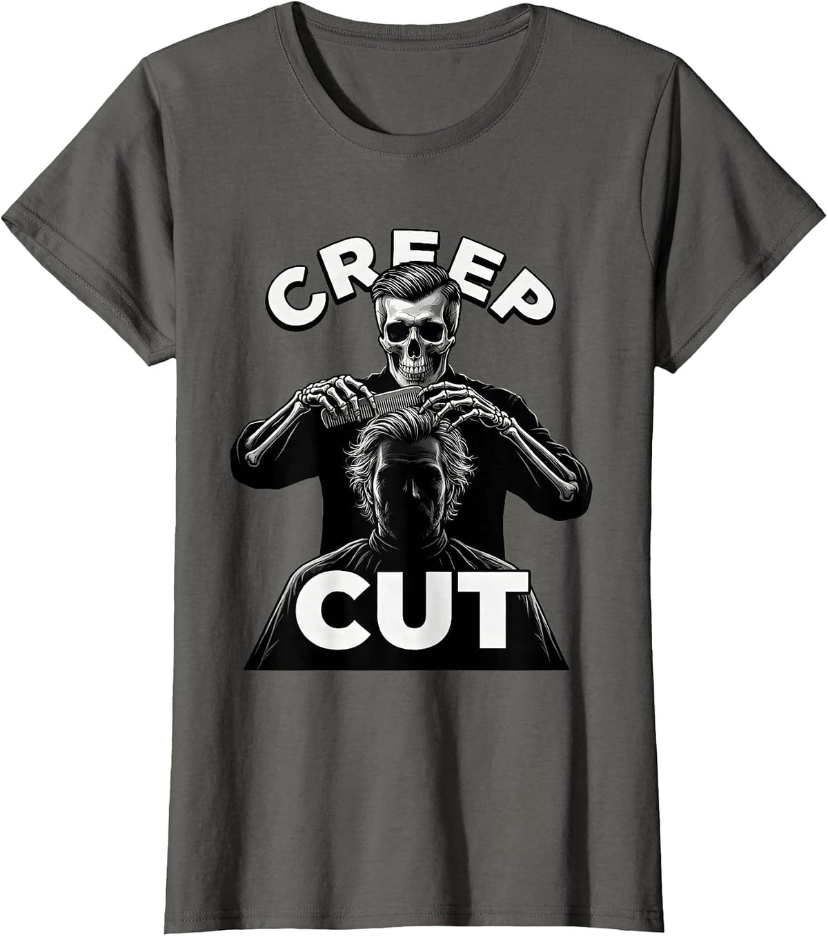 Women's Creep Cut Skeleton Hairstylist Halloween Barber Humor T-Shirt - Asphalt Grey