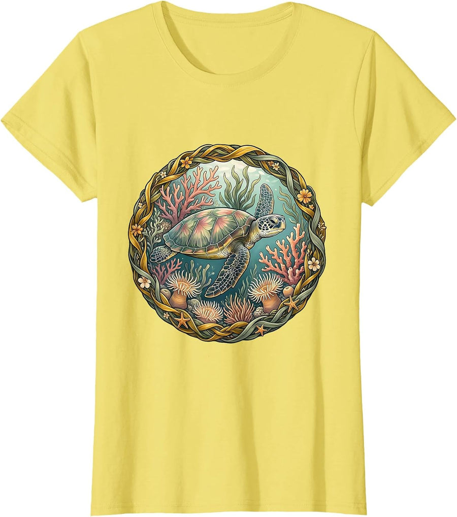 Women's Sea Turtle Coral Reef Hawaiian Graphic T-Shirt - Lemon Yellow