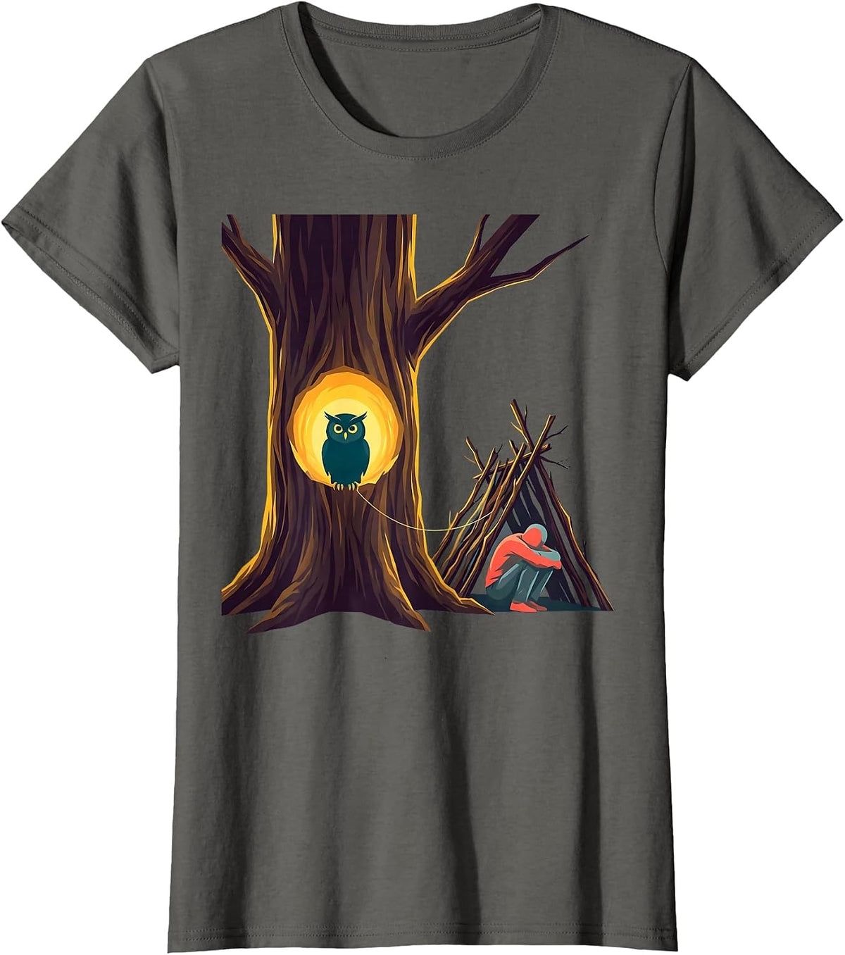 Women's Tree Hollow Owl Nature Camper Outdoor Humor T-Shirt - Asphalt Grey