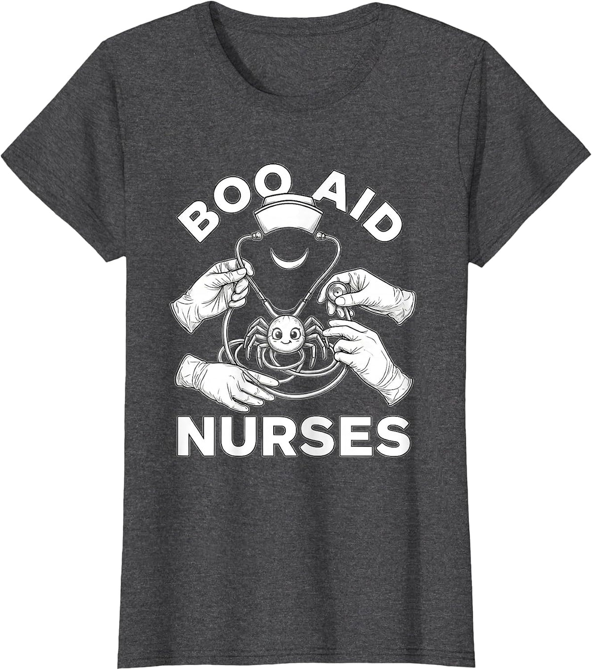 Women's Boo Aid Nurses Funny Halloween Nurse Crew T-Shirt - Dark Heather Grey