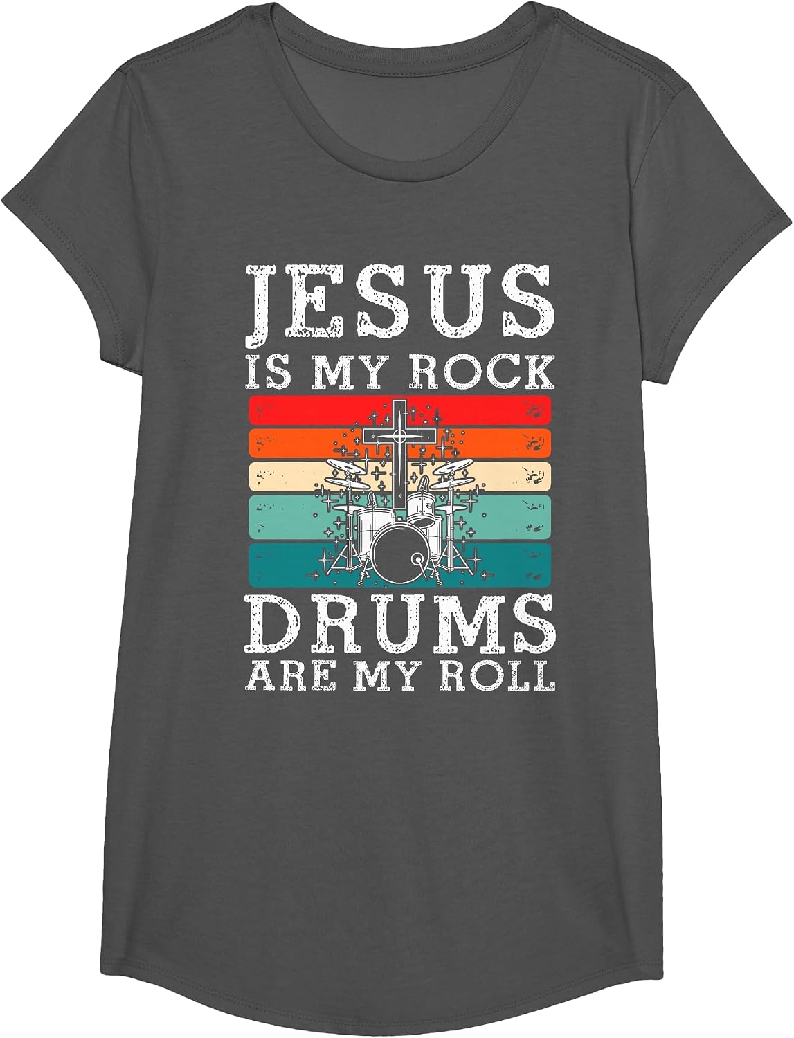 Jesus is My Rock Drums are My Roll Christian Drummer T-Shirt - Girls Asphalt Grey