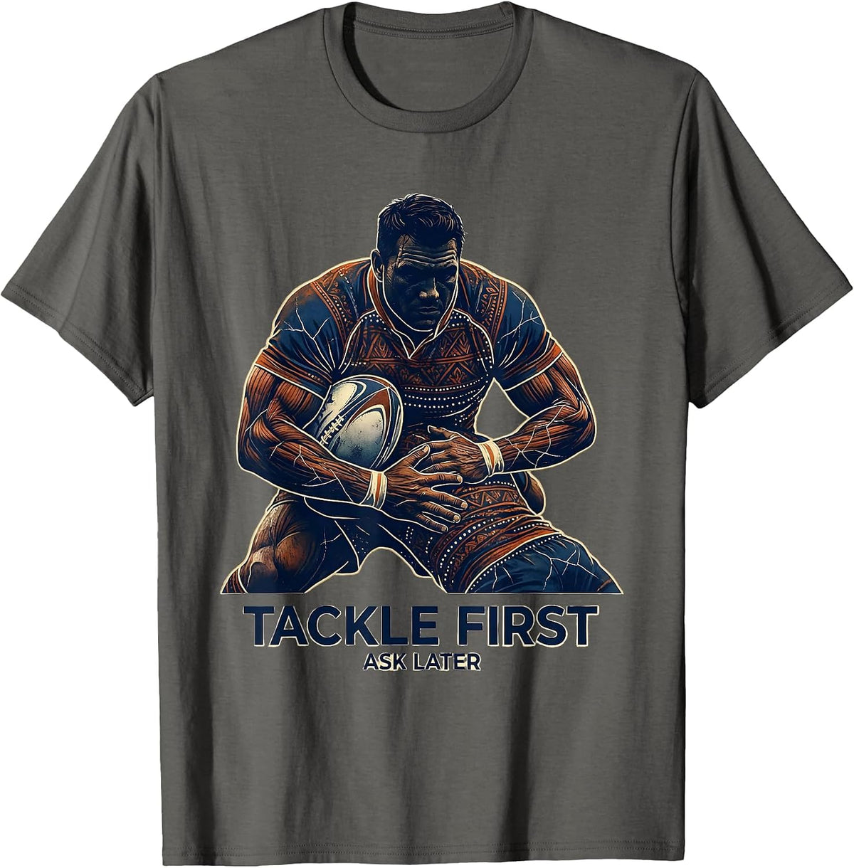 Tackle First Ask Later Rugby Graphic Design T-Shirt - Asphalt Grey