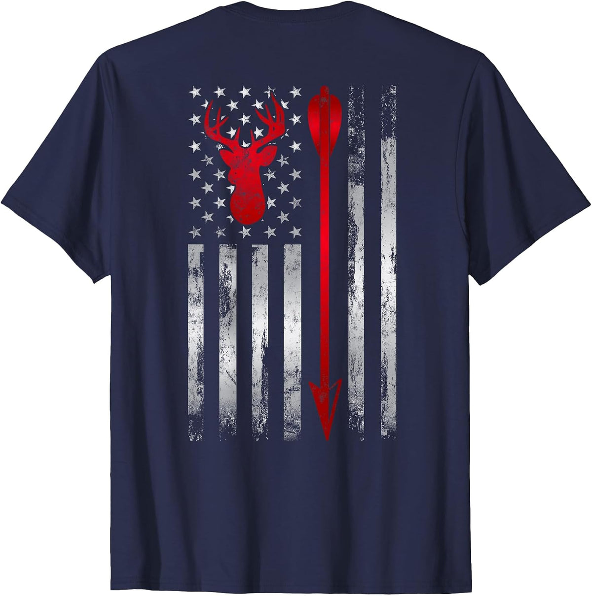 Bowhunter Patriotic American USA Flag Deer Bow Hunting T-Shirt - Navy Blue