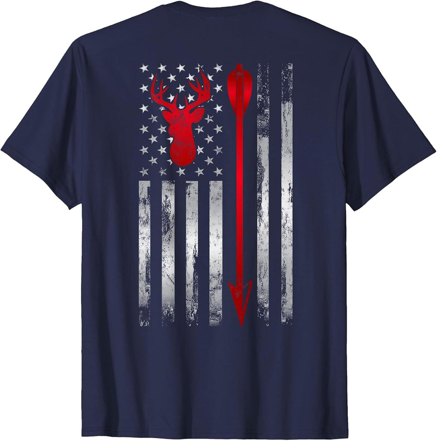 Bowhunter Patriotic American USA Flag Deer Bow Hunting T-Shirt - Navy Blue