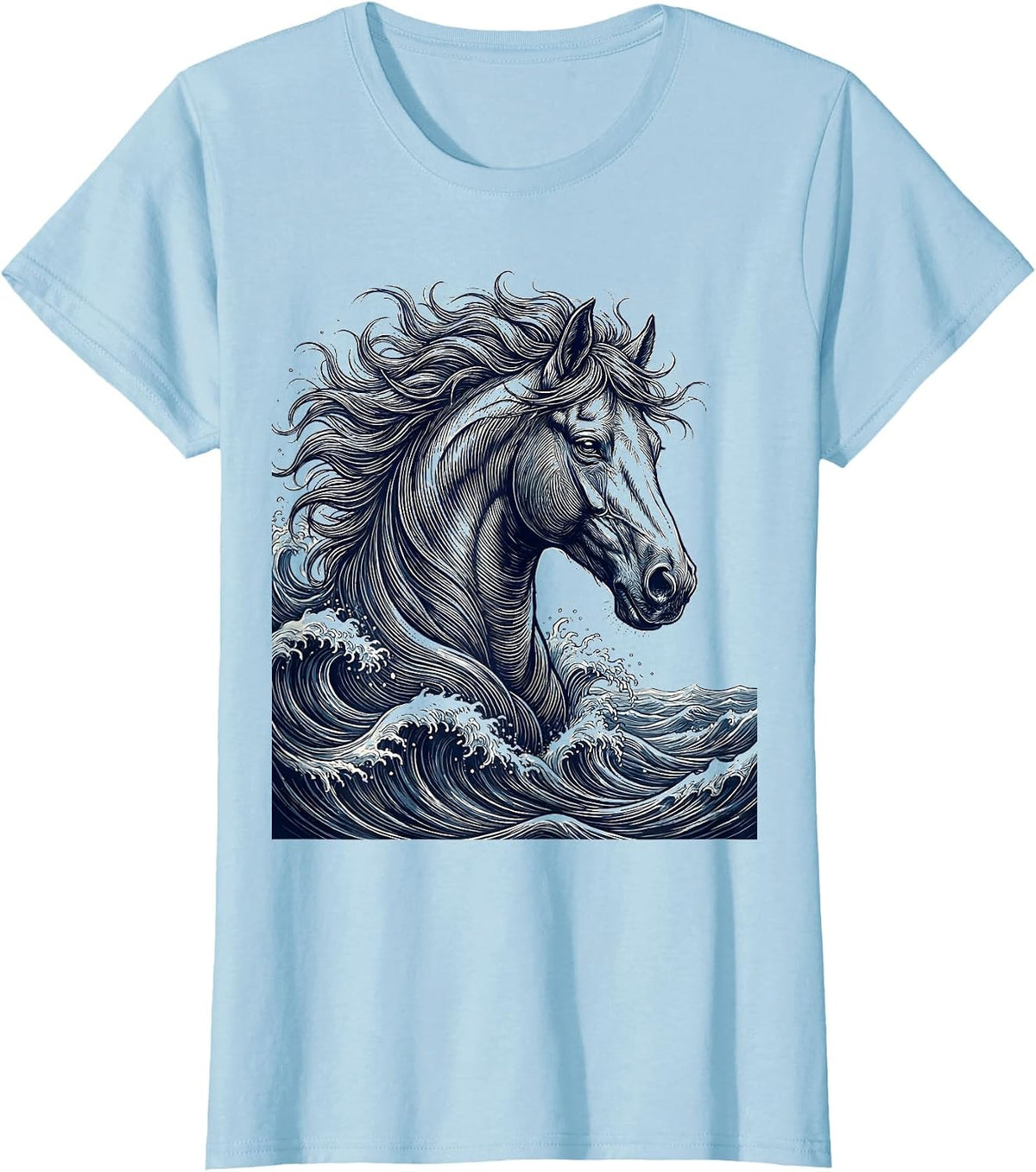 Horse Head Rising From Ocean Waves Graphic T-Shirt - Baby Blue