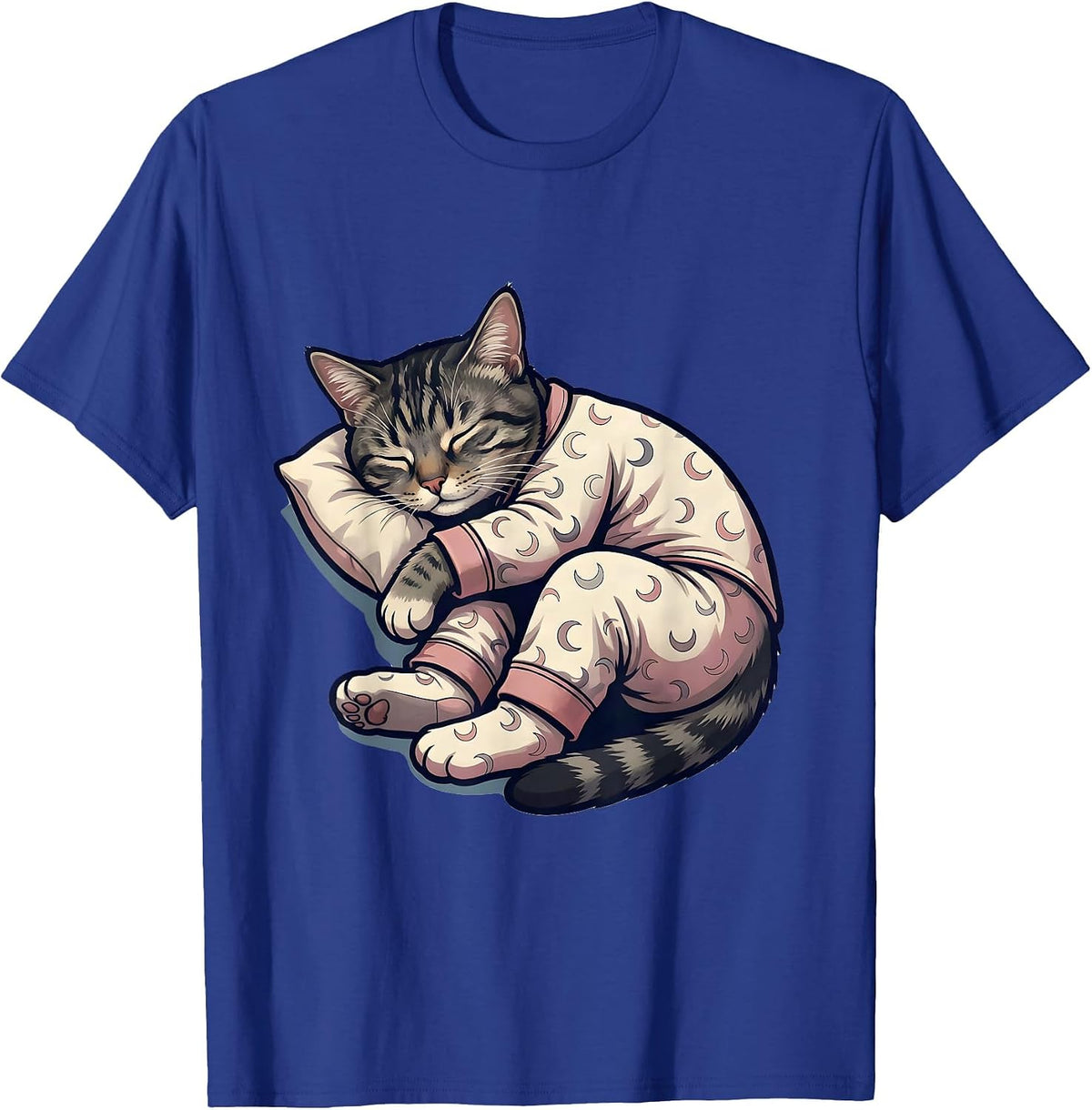 Sleepy Tabby Cat Cartoon Cute Cozy Pajama T-Shirt - Royal Blue