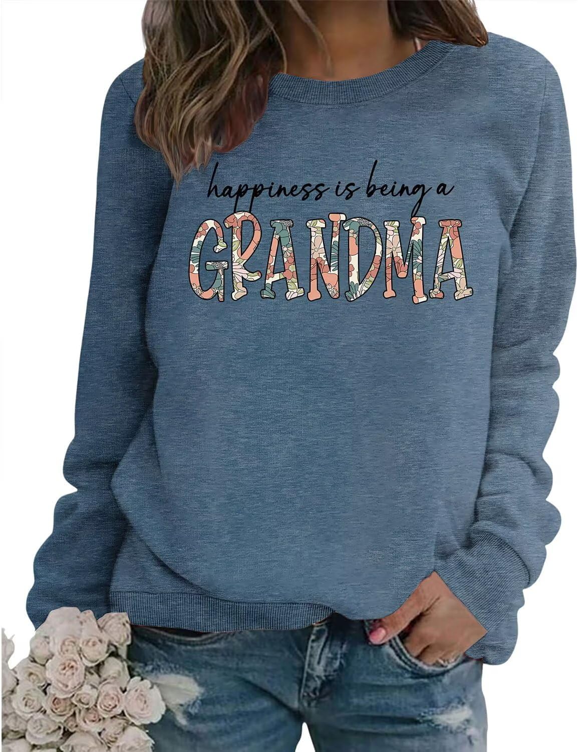 Grandma Sweatshirt for Women Happiness is Being a Grandma Graphic Shirts - Blue