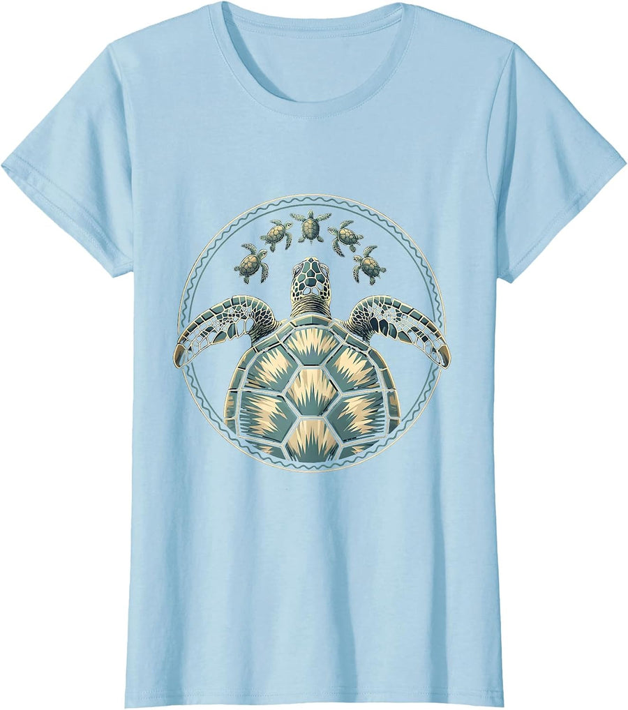 Women's Mama Sea Turtle Swimming With Hatchlings T-Shirt - Baby Blue