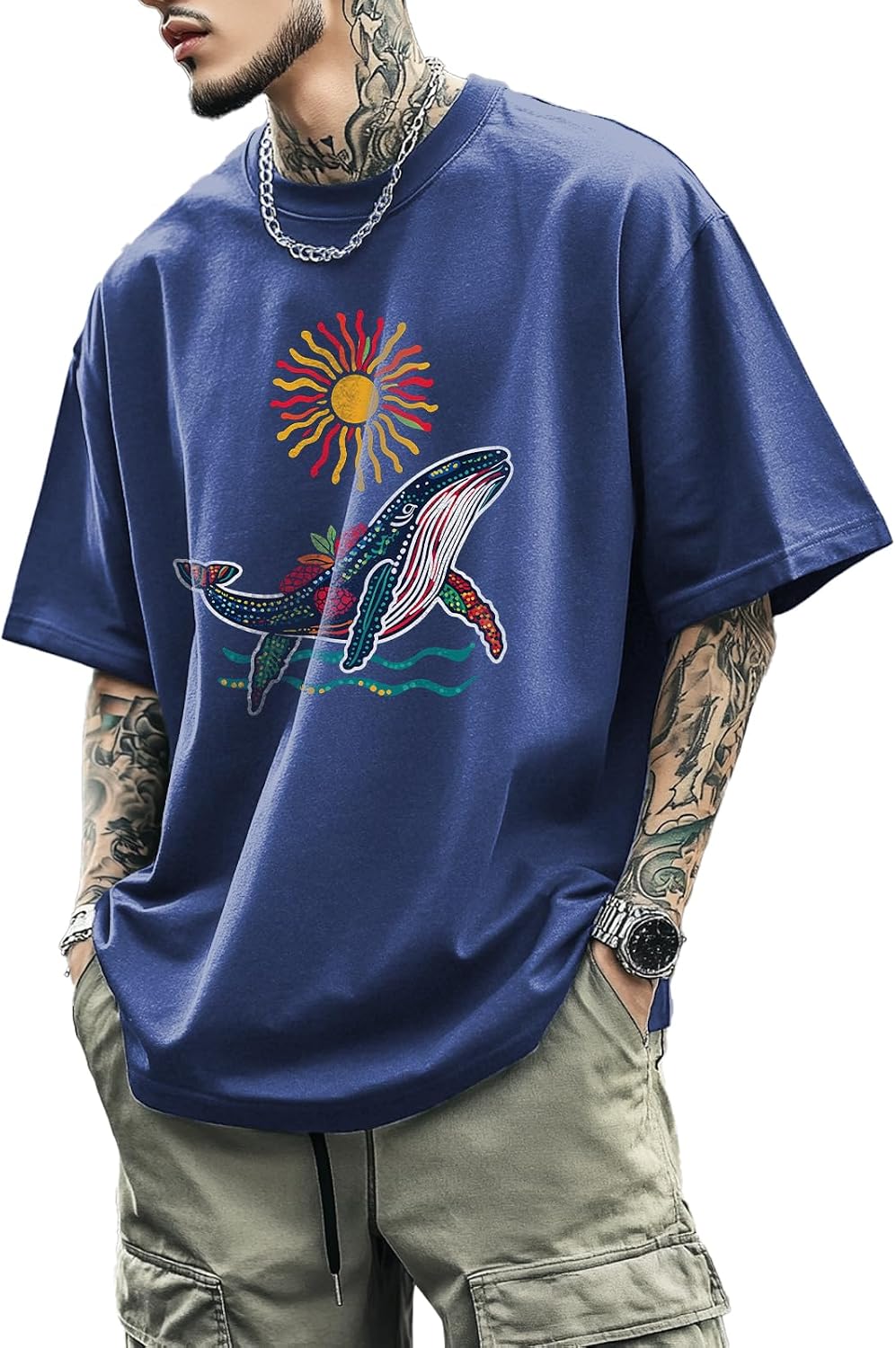 Vintage Graphic Printed T-Shirts for Men Casual Cotton Tees Comfy Streetwear Crewneck Short Sleeve Summer Tops - Blue Whale