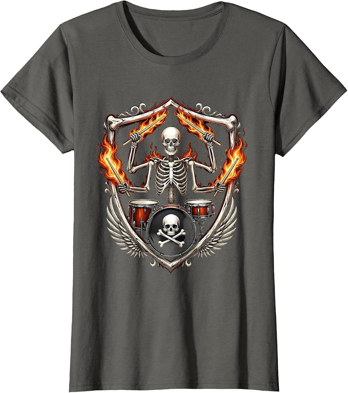 Women's Skeleton Drummer Flaming Drumsticks Metal Band Graphic T-Shirt - Asphalt Grey