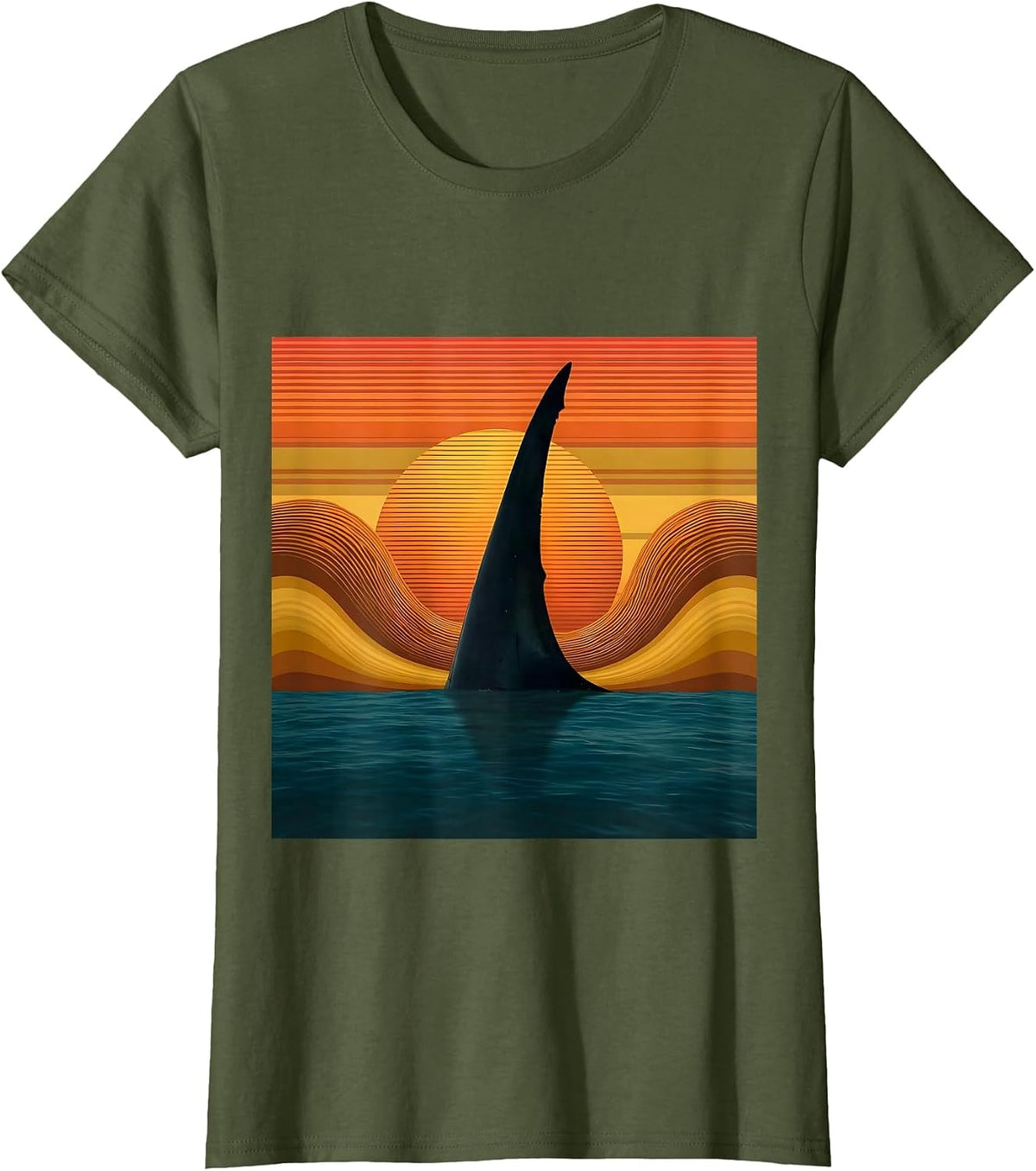 Women's Shark Fin Sunset Ocean Hawaiian Graphic T-Shirt - Olive Green