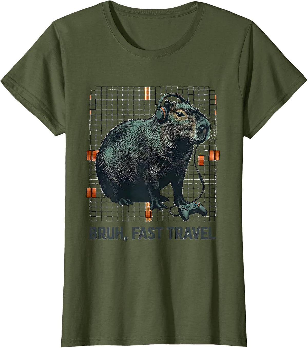 Women's Bruh, Fast Travel Editorial Conceptual Capybara Gamer Meme T-Shirt - Olive Green