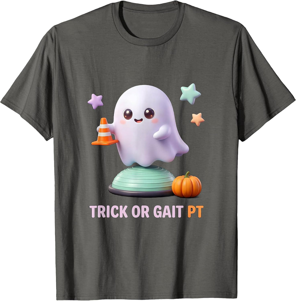 Men's Trick Or Gait PT Cute Kawaii Therapy Ghost Halloween T-Shirt - Asphalt Grey