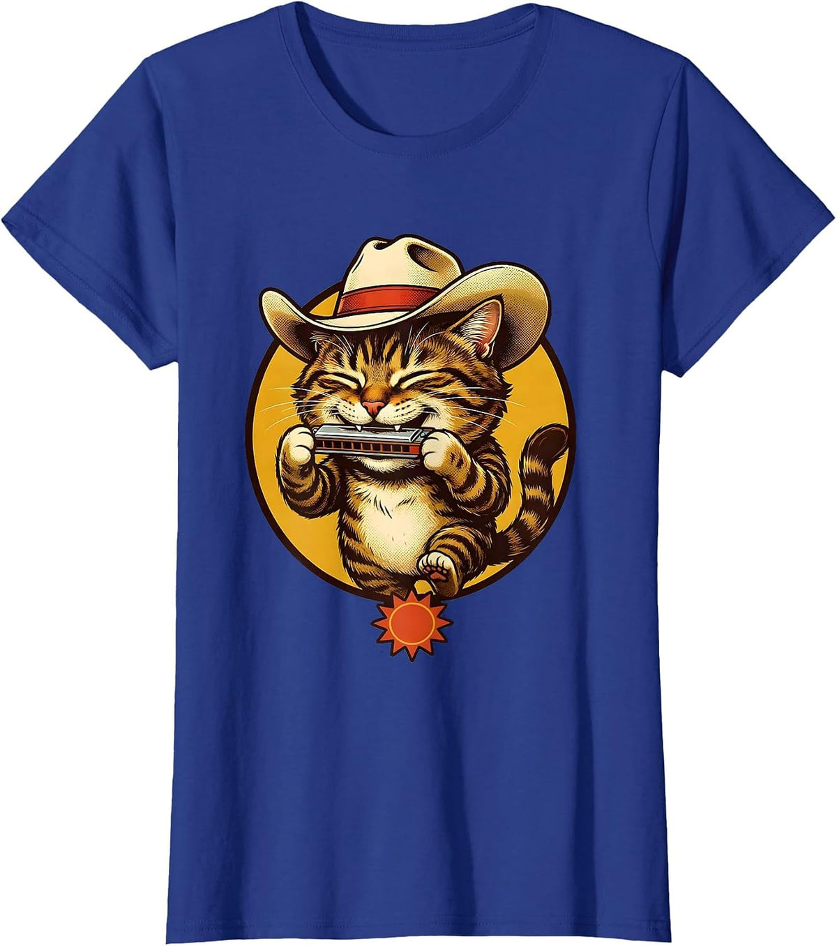 Women's Meowboys Tabby Cat Harmonica Cattleman Hat T-Shirt - Royal Blue
