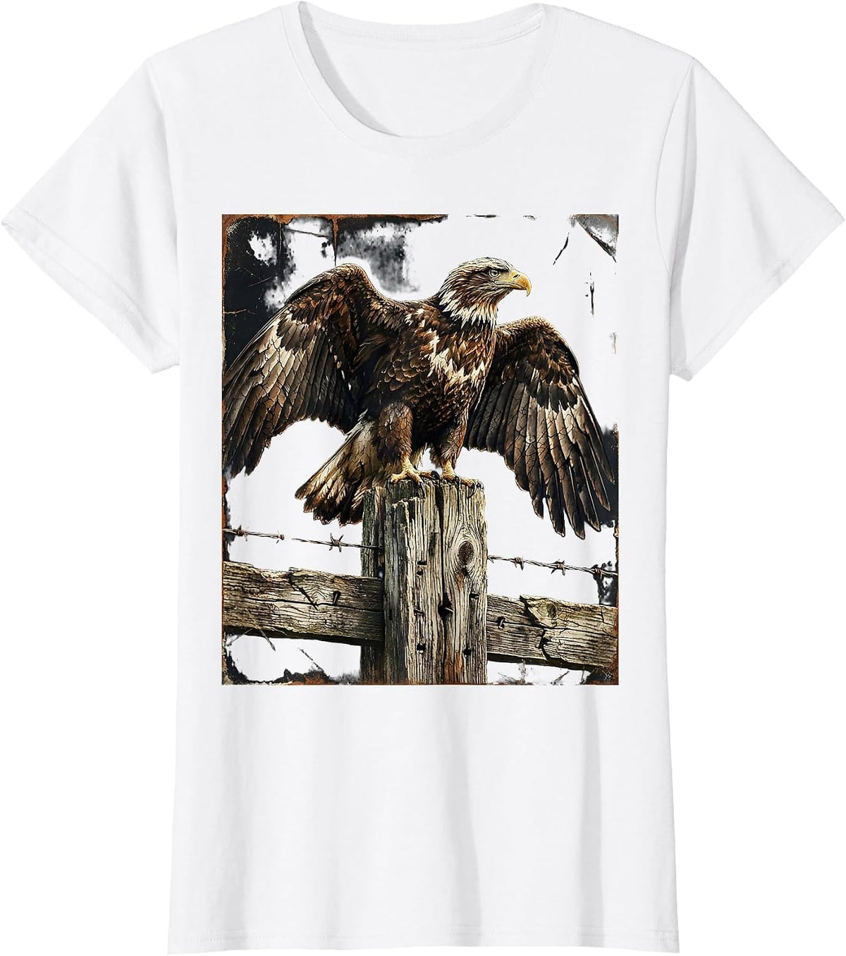 Eagle on Weathered Fence Post Western Graphic T-Shirt - White