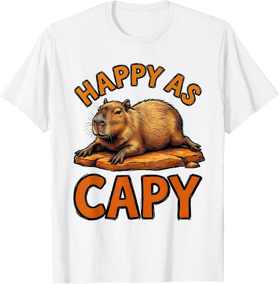Men's Happy As Capy Funny Capybara Animal Lover Meme Humor T-Shirt - White
