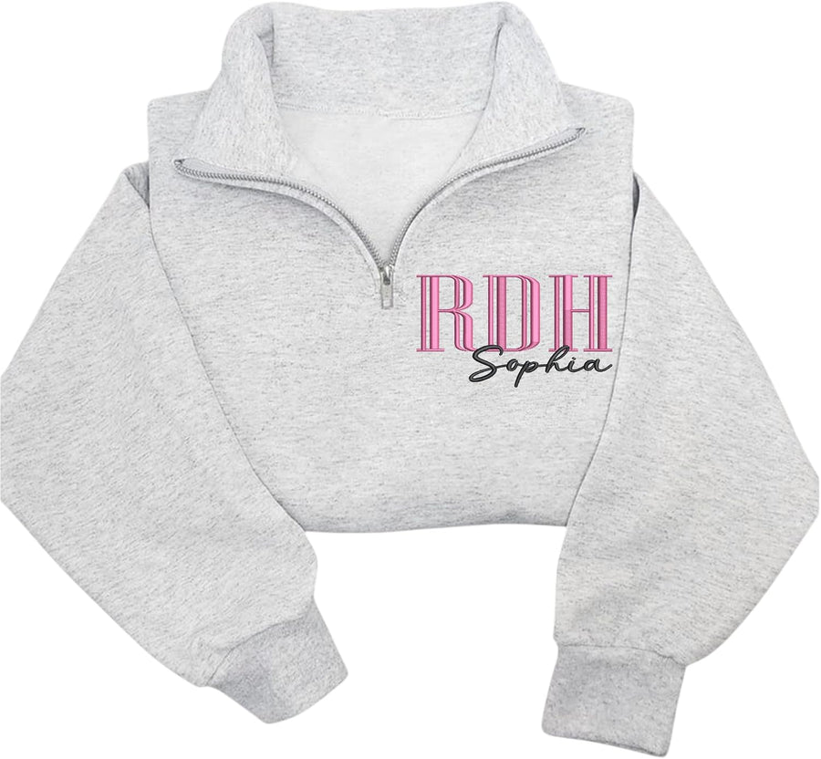 Chillever Custom Embroidered Dental Hygienist Quarter Zip Sweatshirt, RDH Crewneck with Name on Sleeve, RDH Sweater - Dental