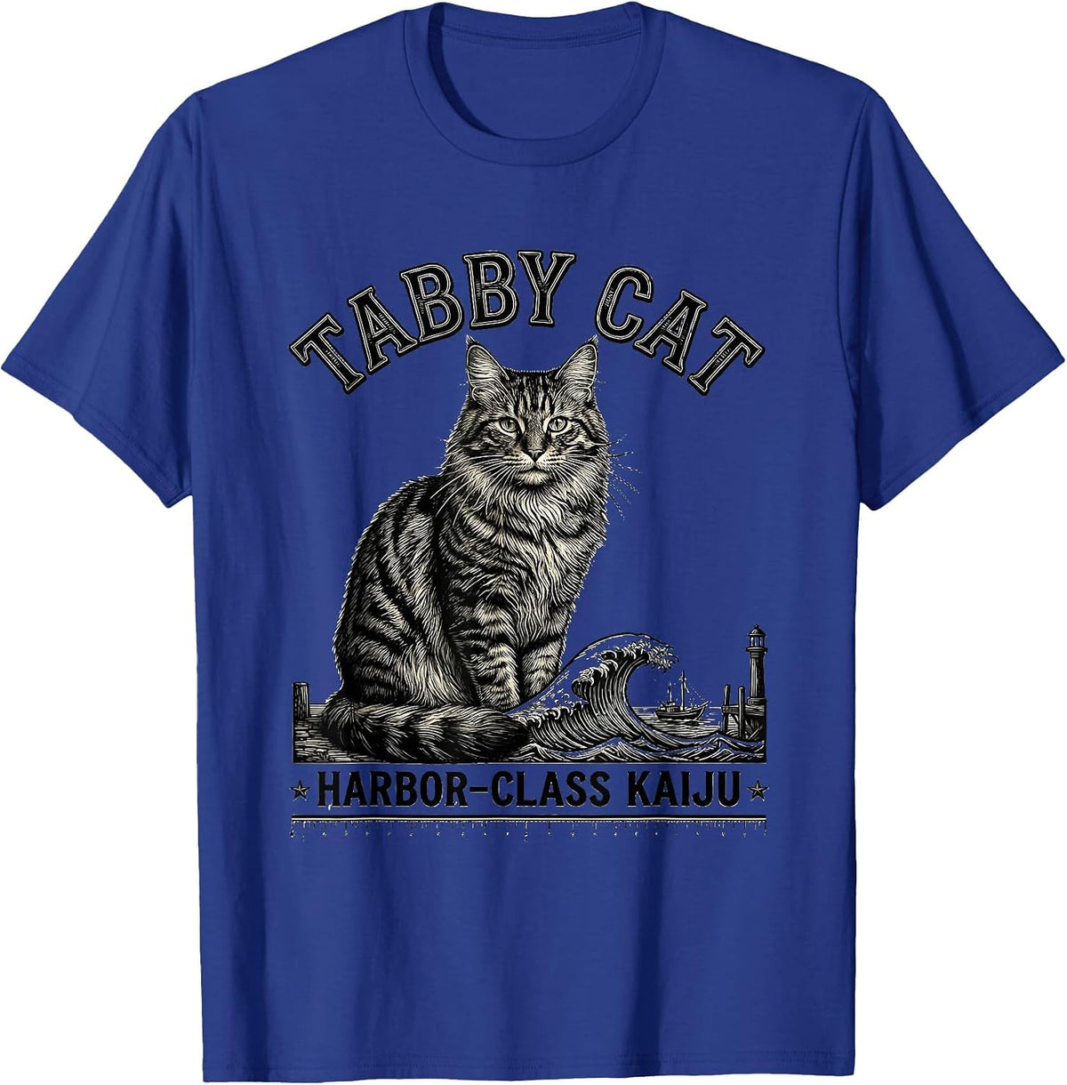 Tabby Cat Harbor-Class Kaiju Funny Japanese Monster Art T-Shirt - Royal Blue