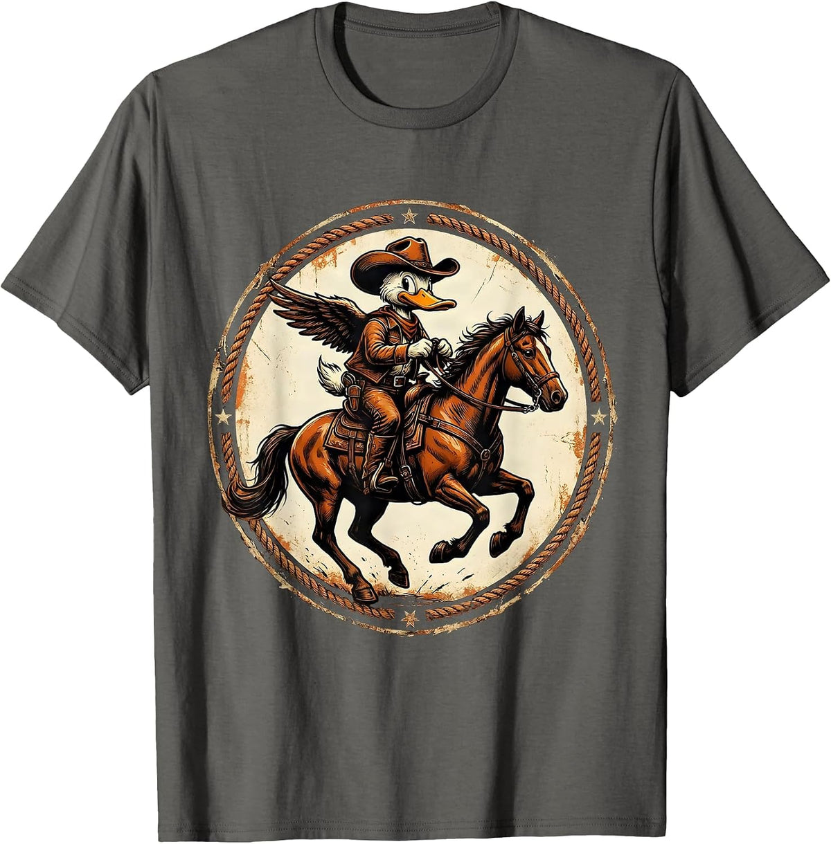 Duck in Cowboy Hat on Horseback Western Art T-Shirt - Asphalt Grey