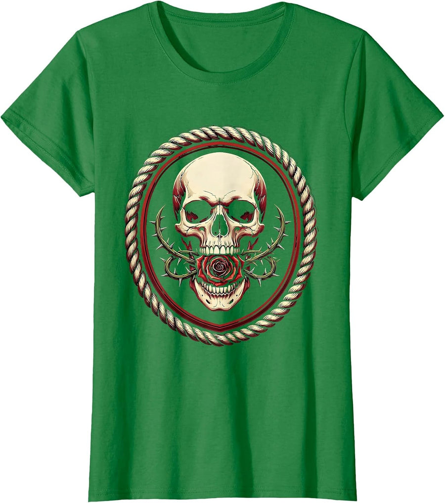 Women's Skull and Red Rose Gothic Floral Art Design T-Shirt - Kelly Green